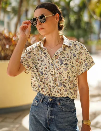 Vista 2 de HOTOUCH Camisas de Lino para Mujer con Botones Blusas de Manga Corta de Algodón Cuello en V con Cuello Tops de Gasa con Botones S-3XL