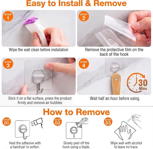 Vista 6 de Ganchos de Pared Adhesivos para Colgar de Servicio Pesado 33lb(Máx), Impermeables y Resistentes al Óxido Ganchos Autoadhesivos Transparentes