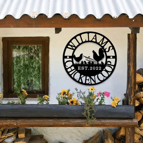 Vista 10 de Letrero de metal personalizado para gallinero, letrero de granja de pollo de metal personalizado, familia de pollo, EST, arte de pared, decoración