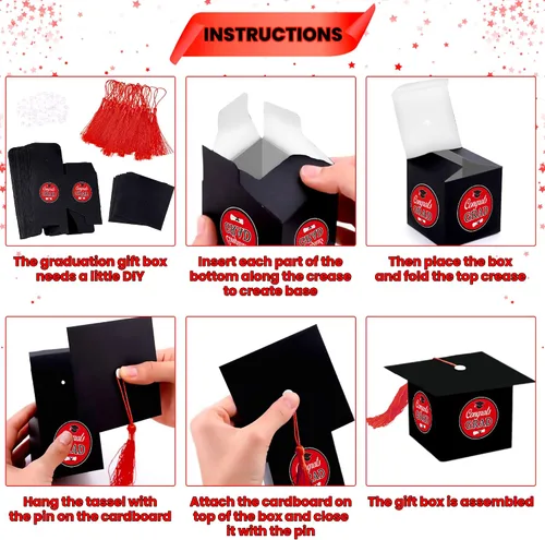 Vista 3 de KatchOn, Cajas de dulces de graduación – enormes, paquete de 25 Caja de regalo de gorra de graduación para decoraciones de graduación rojas