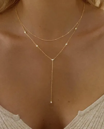 Vista 2 de Collar de oro para mujer, delicados collares largos chapados en oro de 14 quilates, barra de graduación, collar de lariat de circonita cúbica