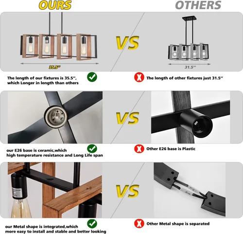 Vista 5 de Lámpara colgante de comedor de granja, para isla de cocina, rústica, 4 luces, madera y metal negro, lámpara rectangular para colgar en el techo