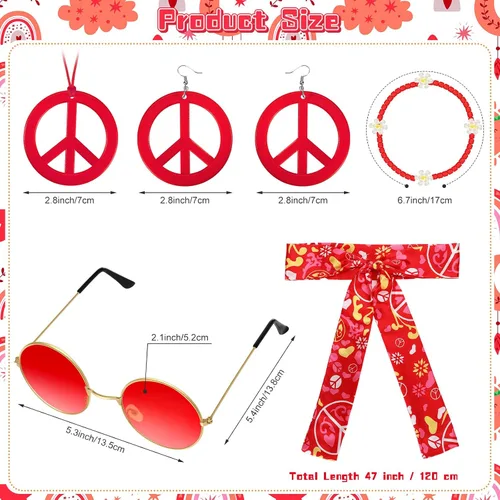 Vista 2 de Batiyeer 6 piezas de accesorios hippie para mujer, aretes bohemios con signo de la paz de los años 60 y 70, trajes para mujer, recuerdo de fiesta