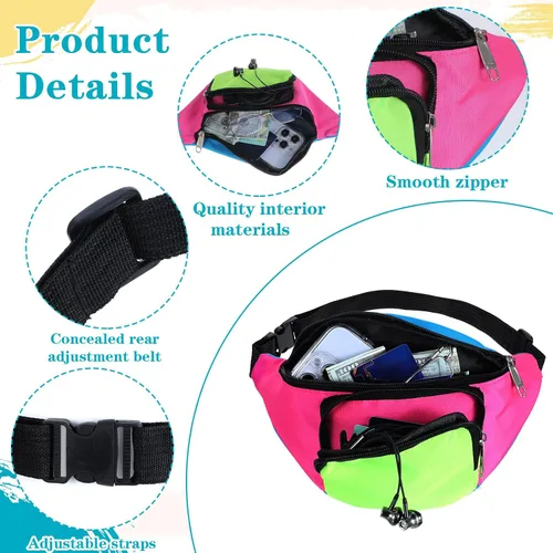 Vista 3 de Riñonera de neón de los años 80, 2 bolsillos, bolsas para cinturón de los años 90 para mujeres y hombres, paquetes retro de cintura para festivales