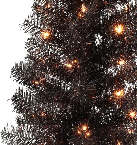 Vista 2 de Árbol de oropel negro preiluminado de 4.5 pies, 160 puntas, 70 luces incandescentes transparentes UL