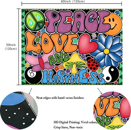 Vista 3 de Yanikki Tapiz de pared con signo de paz hippie de 50 x 60 pulgadas, diseño retro de los años 70 para colgar en la pared, decoración bohemia estética
