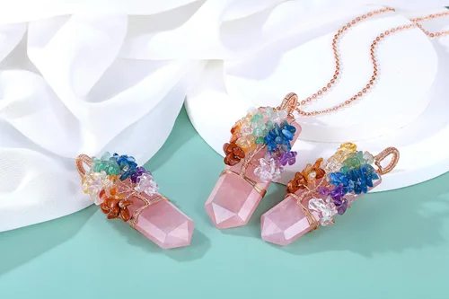 Vista 3 de Top Plaza Collar de piedra preciosa de cristal curativo natural, árbol de la vida, collar con colgante de punta de piedra envuelta en alambre
