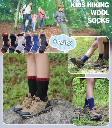 Vista 2 de DOSKONI Calcetines de senderismo de lana merino para niños y niñas, para invierno, cálidos, gruesos, térmicos, calcetines de regalo, 6 pares