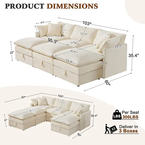 Vista 3 de Ihanherry Sofá cama modular de gran tamaño con almacenamiento, sofá nube modular de 6 plazas de 103 pulgadas con otomanas móviles, sofás de felpilla
