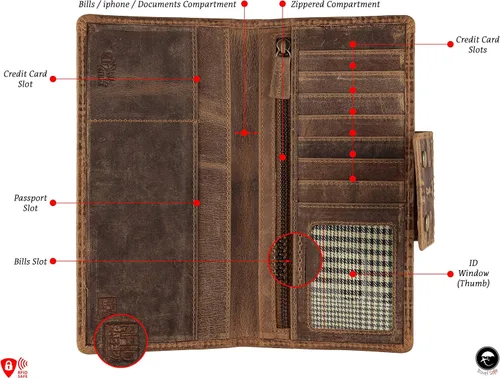 Vista 3 de Mou Meraki - Cartera larga de piel auténtica con bloqueo RFID, plegable vintage para hombre