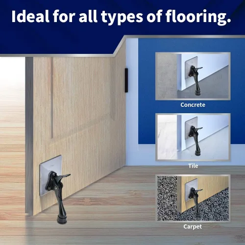 Vista 3 de HOME&I Tope de puerta abatible de 4 pulgadas con placa de montaje autoadhesiva grande, tope de puerta ajustable resistente, soporte de puerta Negro