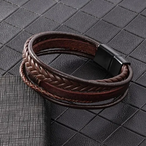 Vista 3 de Pulsera trenzada marrón casual de cuero negro para hombre