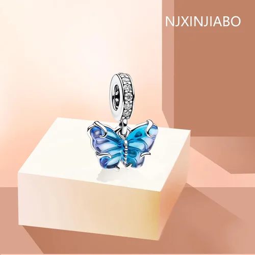 Vista 2 de Abalorio de plata de ley 925 para pulseras y collares, lindos animales, cerdo, mariposa, gusano brillante, flor, colgante, joyería, regalo