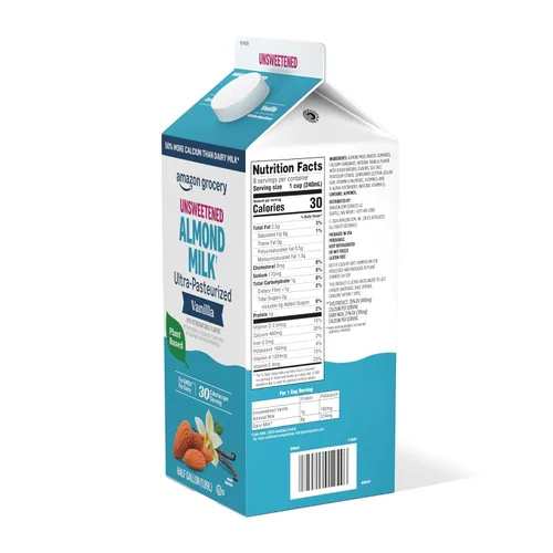 Vista 2 de Marca Amazon Fresh, leche de almendras sin azúcar de vainilla, 64 onzas líquidas (anteriormente Happy Belly)