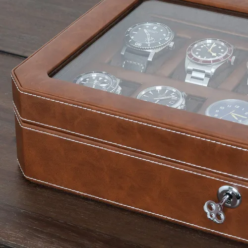 Vista 5 de ROTHWELL Caja de reloj de cuero con 12 ranuras, organizador de lujo para relojes, forro de microgamuza, soporte para relojes de joyería para hombre