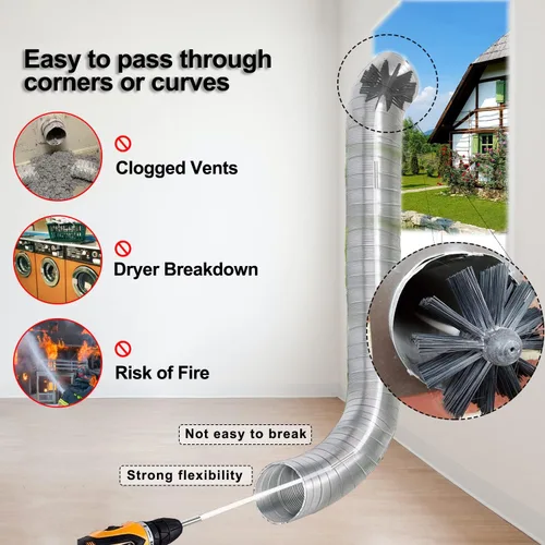 Vista 5 de Kit de limpieza de ventilación de secadora, kit de limpieza de conductos de secadora con 6 varillas flexibles y 1 cabezal de cepillo de nailon