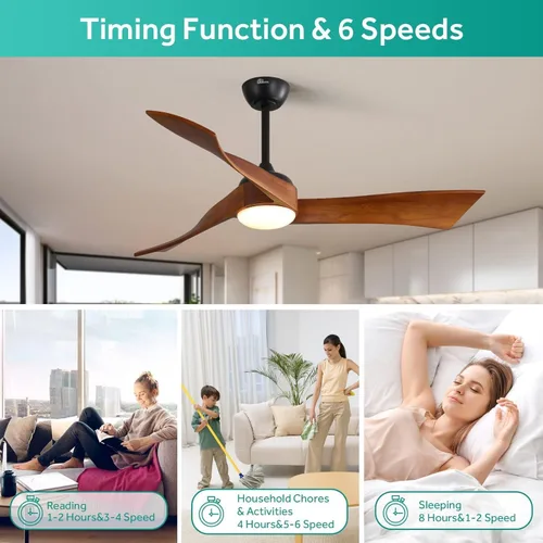 Vista 5 de Sofucor - Ventiladores de techo de 52 pulgadas con luces, ventilador de techo de madera sólida para interiores/exteriores con control remoto, motor