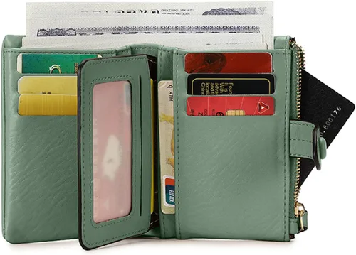 Vista 4 de Carteras pequeñas de triple pliegue para mujer, carteras Rfid para mujer, billeteras plegables de cuero para mujer, portatarjetas compactas