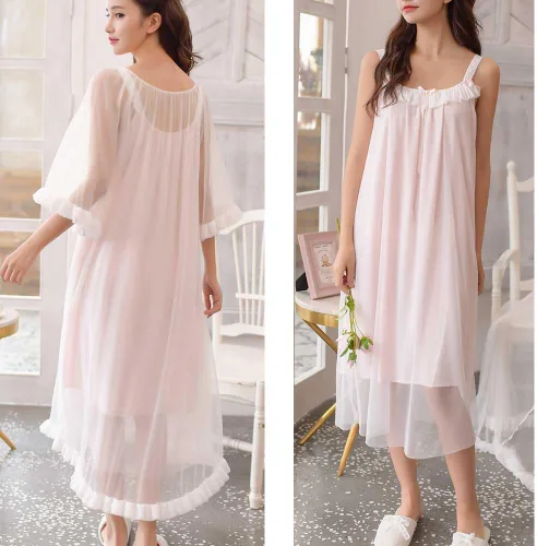 Vista 2 de Camisón sexy vintage para mujer, 2 piezas, ropa de dormir victoriana, pijama para niñas