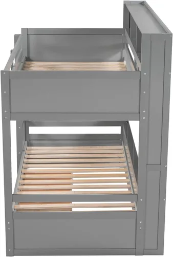 Vista 7 de Litera moderna de madera con cajón, literas individuales sobre individuales con estantes integrados junto a la cama superior e inferior, marco