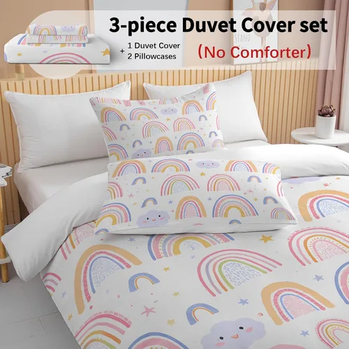 Vista 4 de BEDMUST Juego de funda de edredón tamaño individual arcoíris para niñas, funda de edredón de 3 piezas con 2 fundas de almohada