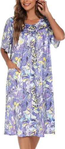 Vista 3 de AVIIER Vestido de casa para mujer, manga corta, vestidos de descanso Mumu con bolsillos