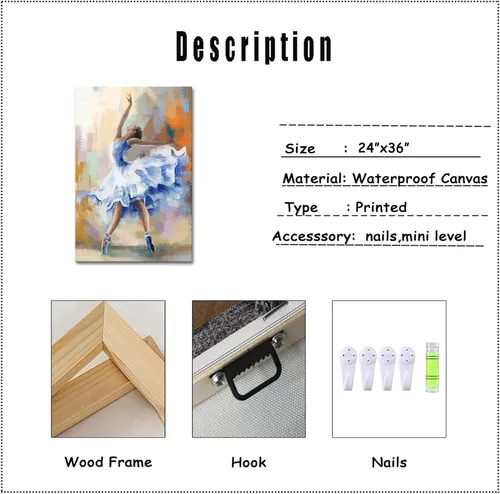 Vista 3 de Derkymo Elegante lienzo de bailarina de ballet, lienzo enmarcado listo para colgar, 24 x 36 pulgadas