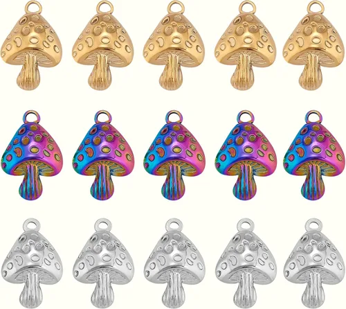 Vista 3 de 15 piezas de dije de hongo de acero inoxidable 304 con dije de seta de metal, color mixto para joyas, collares, aretes, manualidades, 15 piezas