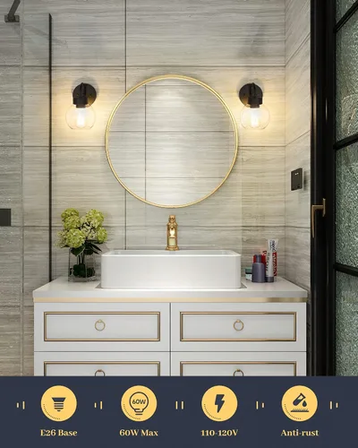 Vista 4 de EAPUDUN WLA1433-MBK - Lámpara de baño de 1 luz negra mate sobre espejo, luces de tocador con 1 globo de vidrio transparente, apliques de pared