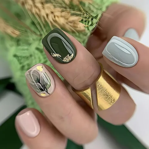 Vista 26 de Uñas postizas a presión con punta francesa verde, uñas postizas cuadradas cortas con diseños de cuentas de flores en 3D, uñas de verano, uñas Verde