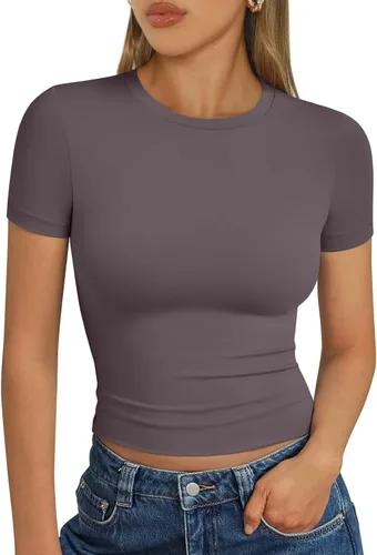 Vista 44 de Trendy Queen - Camisetas básicas para mujer, camisetas de verano 2025, de manga corta, ajustadas, para gimnasio, entrenamiento, ropa estilo Y2K