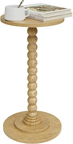 Vista 12 de Masupu Mesa auxiliar redonda, mesa auxiliar pequeña para espacios pequeños, mesa de bebidas con pedestal con pata de madera maciza para sala