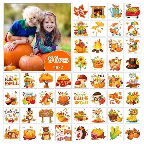 Vista 3 de HOWAF 96 tatuajes temporales de otoño para niños, tatuajes faciales de cosecha de otoño para bienvenida, otoño, hola, suministros de decoración
