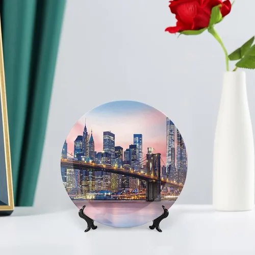 Vista 6 de XISUNYA Plato decorativo de 6 pulgadas, artesanía de cerámica de Nueva York, puente de Brooklyn y el horizonte de Manhattan bajo el amanecer rosa