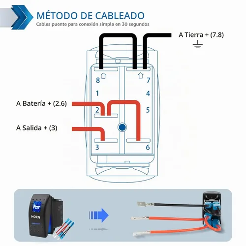 Vista 4 de Interruptor basculante conmutable impermeable con botón de bocina momentánea - Encendido/Apagado Luz LED Azul - 12V 20Amp 24V 10Amp, 5 Pines Para