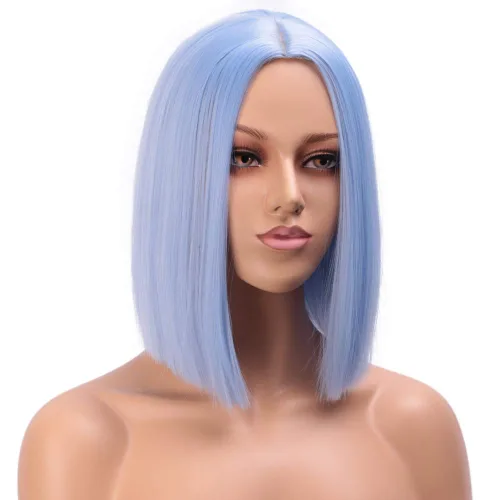 Vista 2 de Peluca colorida de cabello sintético liso, de raya en medio y longitud al hombro, para mujer, moderna Azul cielo