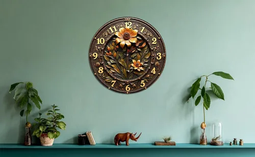 Vista 7 de Reloj de pared de madera de flor ornamentada de bronce con detalle grabado en relieve 9.8x9.8 in