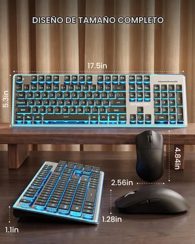 Vista 8 de SEUNKWANG EWEADN V3 Combo de Teclado y Mouse Inalámbrico con Retroiluminación Azul, Panel Metálico, Teclado y Mouse de Computadora Recargable