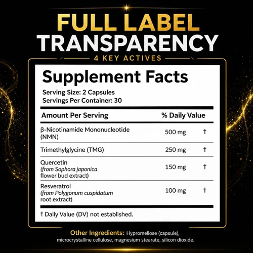 Vista 3 de NMN Complex 500 mg, TMG, Quercetina, Resveratrol, 60 Cápsulas, 30 Porciones