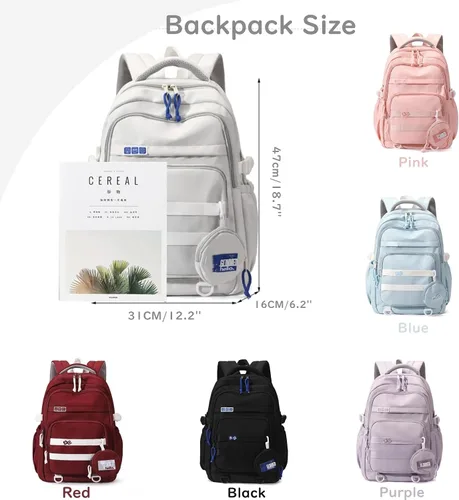 Vista 2 de Bonita mochila estética para niñas, estudiantes de secundaria, mochila para adolescentes, color sólido, ligera, mochila escolar informal con bolsa