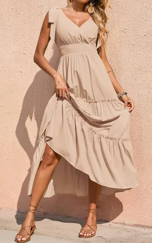 Vista 5 de Prettygarden Vestido largo de verano, con cuello cruzado, para mujer, sin mangas, escalonado, con tirantes fruncidos, para la playa, vestido largo
