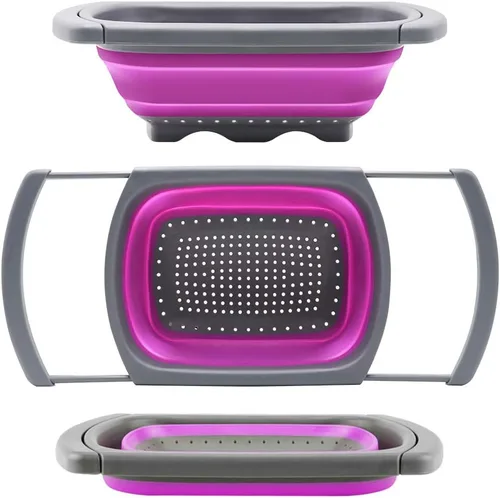 Vista 9 de Qimh Colador plegable, colador sobre el fregadero, coladores de alimentos con asas extensibles, 6 cuartos de galón, colador plegable de cocina apto