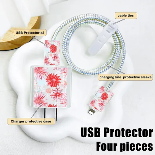Vista 2 de Lindo protector de cable para cargador adaptador de iPhone, diseño de flores de crisantemo rojo, cable de datos de TPU suave, funda USB-C