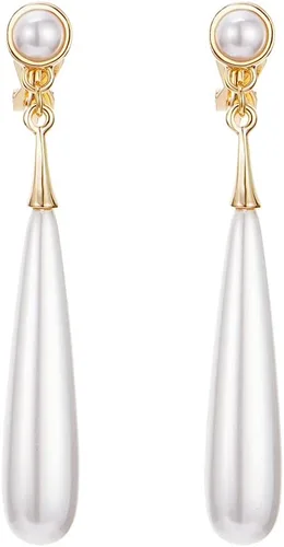 Vista 10 de Pendientes de Clip de Perla para Mujer, Pendientes de Clip Colgante para Mujer, Pendientes de Perla Blanca Imitación Chapados en Oro, Pendientes