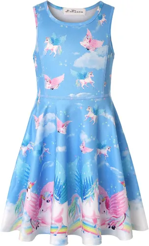 Vista 2 de LaBeca - Vestido sin mangas o de manga larga para niñas, vestidos informales con diseño de unicornio o sirena para niñas pequeñas o grandes