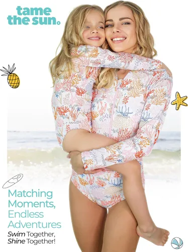 Vista 5 de Tame the Sun Traje de baño de manga larga para niñas, traje de baño de una pieza con protección contra erupciones, UPF 50+ con cremallera para niñas