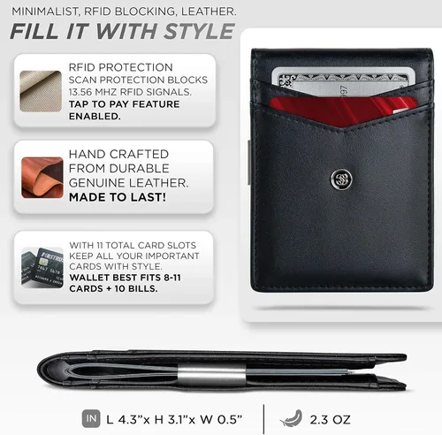 Vista 29 de Suavell Billeteras delgadas de cuero para hombres. Cartera con clip para dinero. Cartera de perfil bajo RFID Cartera minimalista