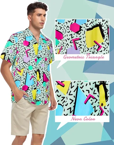 Vista 4 de Zando Camisas hawaianas de los años 80 y 90 para hombre, divertido traje retro de manga corta con botones para fiesta temática discoteca verano playa