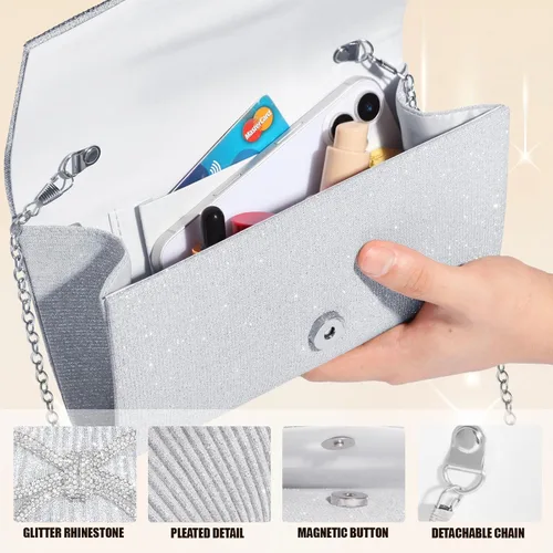Vista 5 de Bolso de noche para mujer, bolsos de mano con lazo brillante, bolsa cruzada, bolsa de boda, fiesta de diamantes de imitación con purpurina