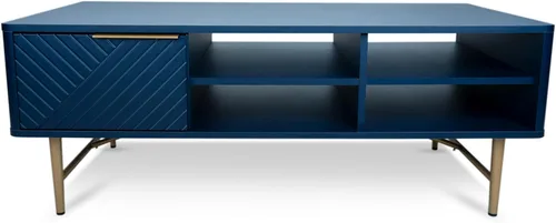 Vista 9 de Mesa de centro moderna con almacenamiento, acabado mate azul oscuro con patas doradas, mesa de centro cuadrada para sala de estar y granja